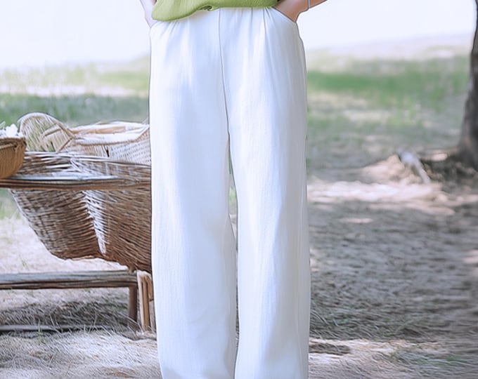 Anysize custom elastic waist 100% linen trousers with side pockets casual loose spring summer plus size pants plus size clothing F5CL