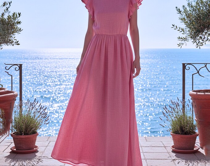 Anysize Custom 100% Linen Maxi Dress with Flutter Sleeves Round Neck Summer Resort Dress Plus Size Dress Plus Size Clothing F35UL