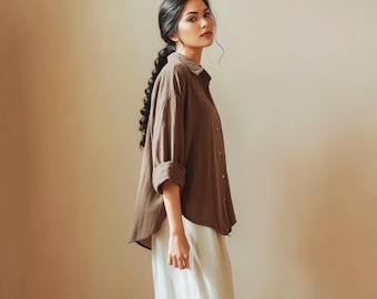 Anysize custom 100% linen long blouse long sleeves plus size shirt plus size tops spring summer plus size clothing F62RL