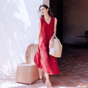 Anysize custom V-neck 100% linen sleeveless loose dress with side pockets spring summer plus size dress plus size clothing F70AL