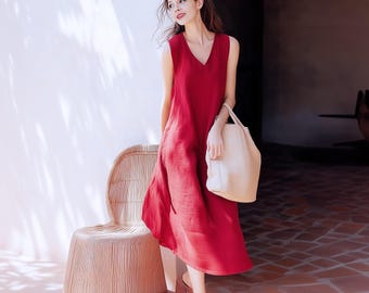 Abito ampio senza maniche in lino 100% con scollo a V personalizzato di qualsiasi taglia con tasche laterali, primavera estate, abbigliamento taglie forti F70AL