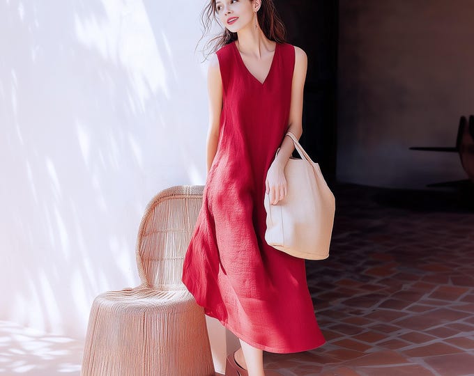 Anysize custom V-neck 100% linen sleeveless loose dress with side pockets spring summer plus size dress plus size clothing F70AL