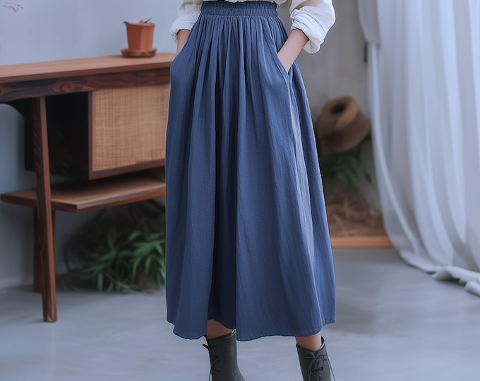 Anysize custom skrit soft linen cotton elastic waist midi skirt with pockets spring fall casual plus size skirt plus size clothing F763E