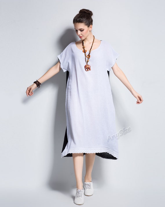 Anysize delicate lace hem linen & cotton dress plus size dress | Etsy
