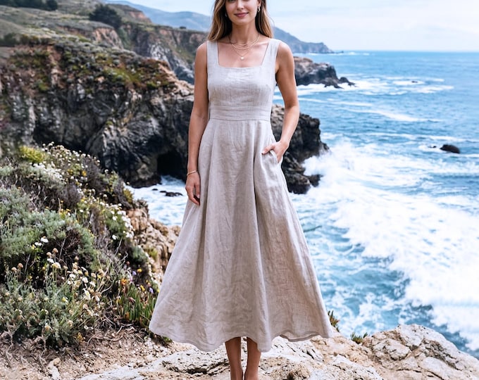 Anysize Custom 100% Linen Square Neck Dress Women Pure Linen Sleeveless A Line Summer Dress Beach Vacation Linen Dress Plus Size Dress F96UL