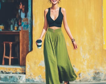 Anysize custom 100% linen maxi skirt with pockets back elastic waist spring summer A-line skirt plus size skirt plus size clothing F38RL