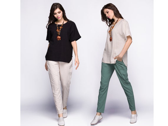 Anysize Sides Split Soft Linen Cotton T-shirt Plus Size Tops Plus