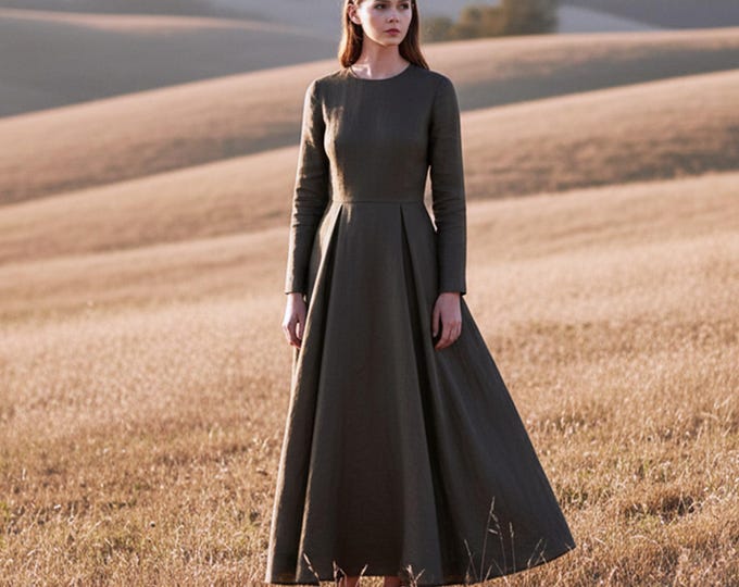 Anysize Custom A-line Linen Cotton Maxi Dress With Pockets Long Sleeves Back Zippered Spring Fall Plus Size Dress Plus Size Clothing F10TN