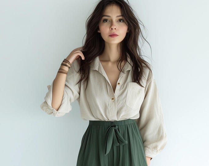 Anysize custom linen cotton collared blouse with puff sleeves buttons loose plus size shirt  spring fall tops plus size clothing F650N