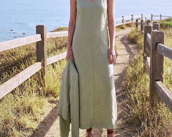 Anysize Custom 100% Linen Sleeveless Maxi Dress Round Neck Spring Summer Plus Size Dress Plus Size Clothing F95TL