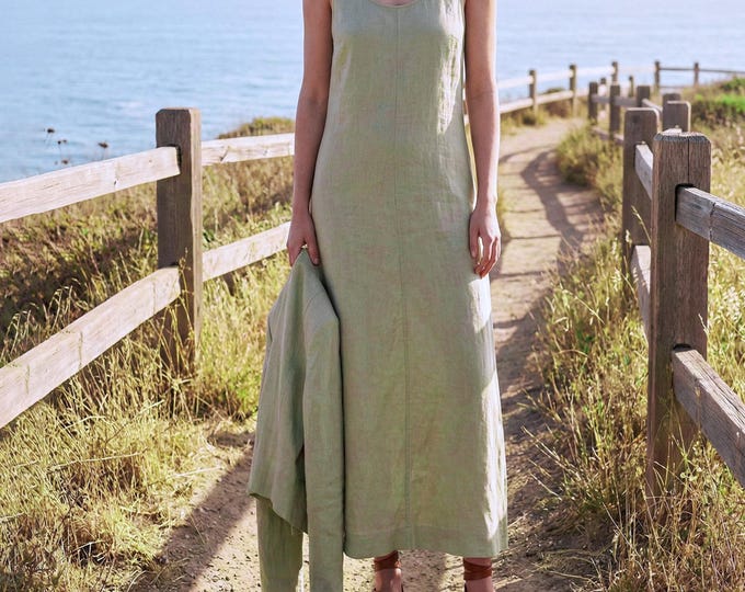 Anysize Custom 100% Linen Sleeveless Maxi Dress Round Neck Spring Summer Plus Size Dress Plus Size Clothing F94TL