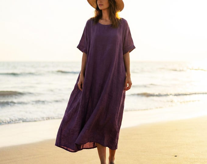 Anysize Custom 100% Linen Dress Short Sleeves With Side Pockets Spring Summer Loose Dress Plus Size Dress Plus Size Clothing F97TL