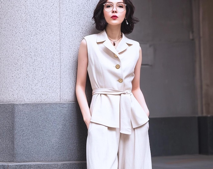 Anysize custom 100% linen vest sleeveless loose long tops with belt buttoned summer plus size vest plus size clothing F30YL