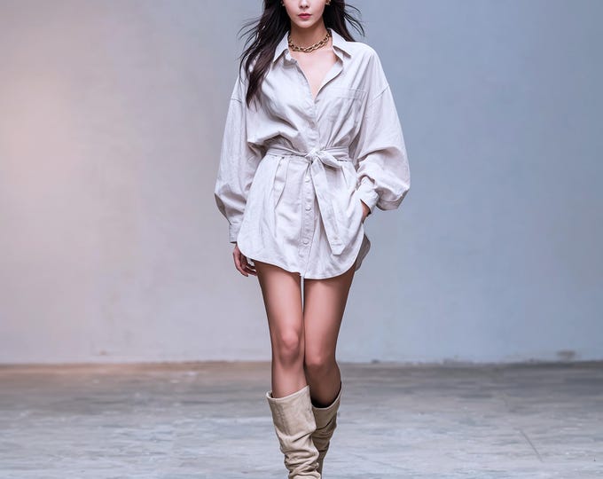 Anysize custom 100% linen shirt casual loose blouse puff sleeves buttoned linen t-shirts summer plus size tops plus size clothing F20PL
