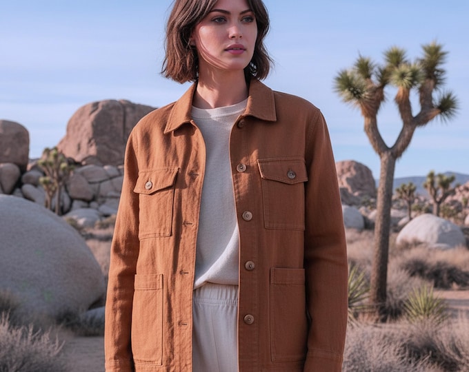 Anysize Custom Linen Cotton Jacket Long Sleeves Tops With Patch Pockets Spring Fall Plus Size Coat Plus Size Clothing F72SN