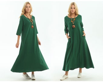 Anysize SALE 3/4 sleeves A-line dress with side pockets soft linen cotton loose dress spring summer maxi dress plus size dress F140A