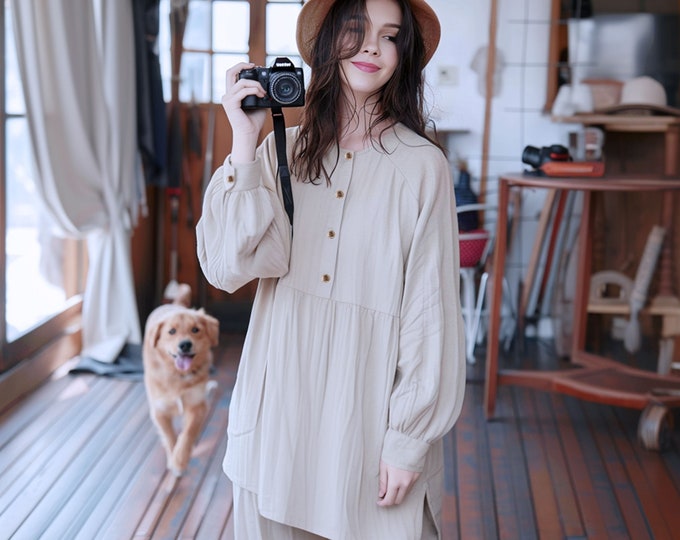 Anysize custom buttoned 100% linen oversized long sleeves blouse plus size long shirt plus size tops spring summer plus size clothing F475L
