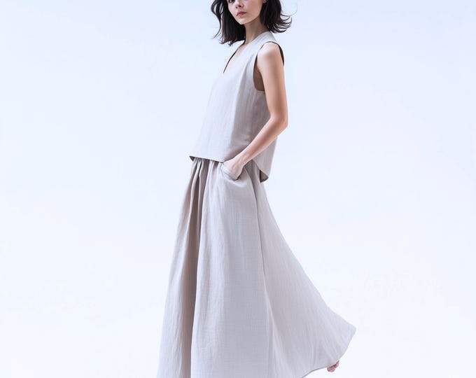 Anysize custom maxi skirt 100% linen A-line elastic waist with pockets spring summer fall plus size skirt plus size clothing F67CL