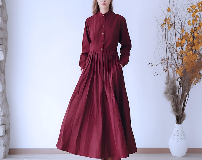 Anysize custom linen cotton collared plus size dress functional buttons long sleeves with pockets spring fall retro plus size clothing F560N