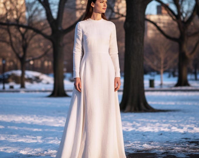 Anysize Custom Soft Linen Cotton Wedding Dress Long sleeves Plus Size Maxi Dress With Back zipper Plus Size Clothing F20TE