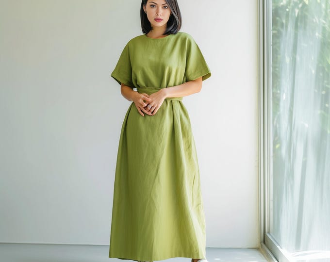 Anysize custom 100% linen dress with side pockets spring summer belted loose dress plus size maxi dress plus size clothing F99JL
