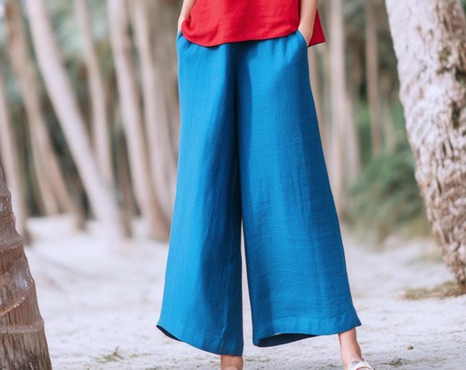 Anysize custom 100% linen pants wide leg with pockets elastic waist spring summer plus size pants plus size clothing F55JL