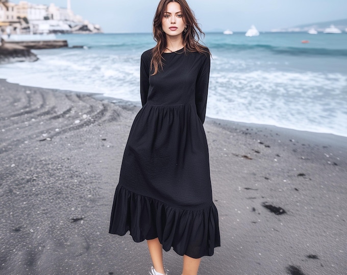 Anysize custom linen cotton long sleeves dress with pockets gathered hem spring fall retro plus size clothing pluse size dress F84PN