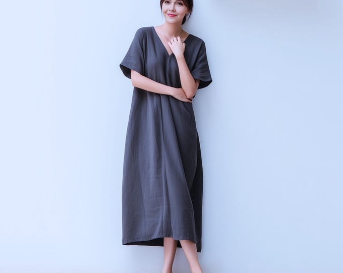 Anysize custom V neck 100% linen short sleeves dress maxi dress with side pockets spring summer plus size dress plus size clothing F47JL