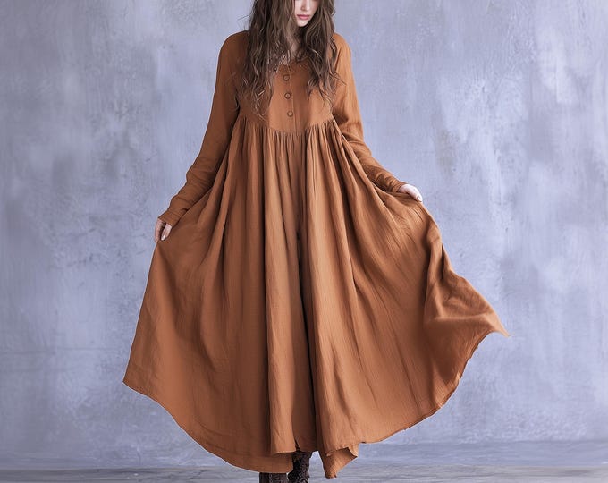 Anysize linen cotton long sleeves buttoned dress long sleeves with side pockets spring fall retro plus size dress plus size clothing F93YN