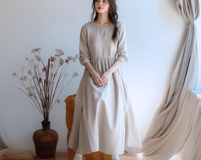 Anysize custom linen cotton maxi dress with pockets long sleeves spring fall winter plus size loose dress plus size clothing F686N