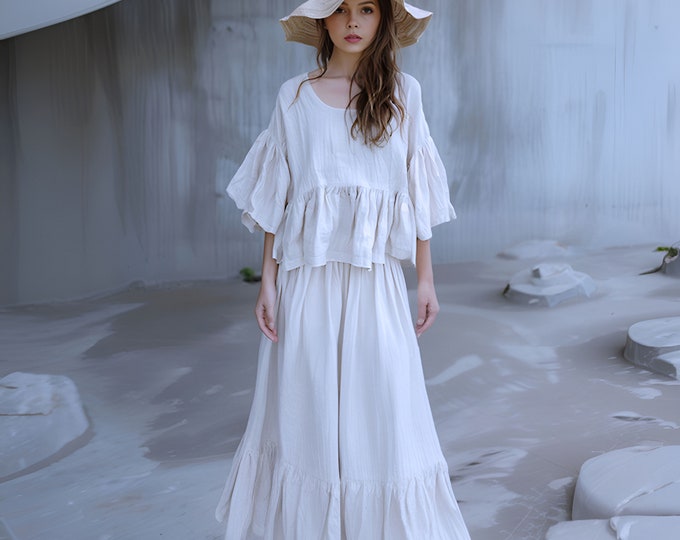 Anysize custom 100% linen wide leg pants elastic waist ruffle culottes with pockets spring summer plus size pants plus size clothing F448L
