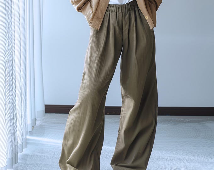 Anysize custom linen cotton wide leg pants with side pockets elastic waist plus size trousers spring fall winter plus size clothing F754N