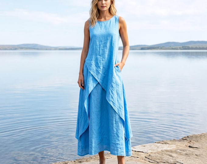 Anysize Custom 100% Linen Double Layer Linen Dress Sleeveless Layered Asymmetrical Hem Summer Dress Loose Casual Dress with Pockets F21WL