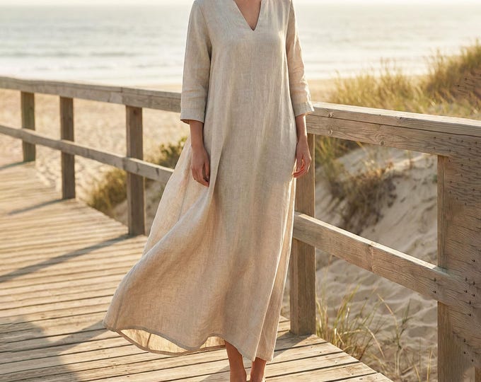 Anysize Custom 3/4 Sleeves Dress 100% Linen Dress With Side Pockets V Neck Loose Spring Summer Full Plus Size Dress Plus Size Clothing F63TL