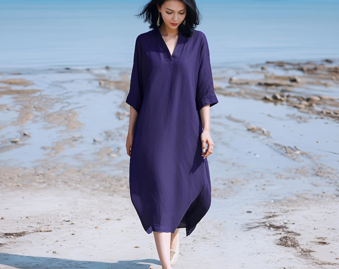 Anysize custom V-neck 100% linen dress loose 3/4 sleeves dress with side pockets plus size dress plus size clothing F67RL