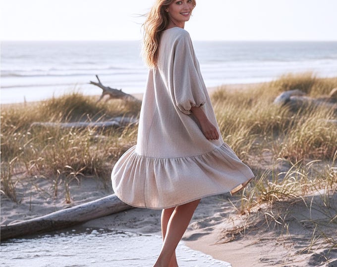 Anysize Custom 100% Linen Dress 3/4 Puff Sleeve Dress Relaxed Summer Dress With Side Pockets Plus Size Dress Plus Size Clothing F29UL