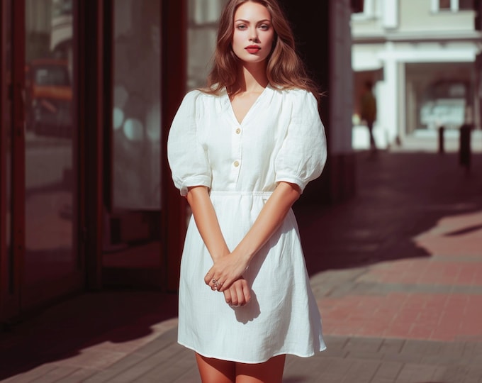 Anysize custom bubble sleeves 100% linen V neck dress buttoned plus size dress plus size tops plus size clothing spring summer dress F49RL