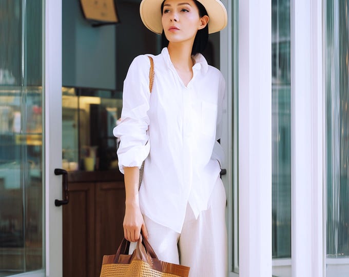 Anysize custom 100% linen casual blouse with hidden buttons long sleeves shirts summer tops plus size tops plus size clothing F43DL