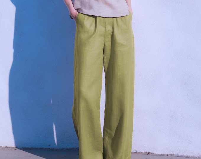 Anysize custom 100% linen trousers with side pockets elastic waist casual loose spring summer plus size pants plus size clothing F67JL