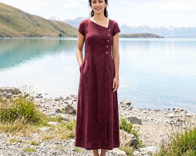 Anysize Custom 100% Linen Dress Asymmetrical Neck Dress Button Front A-Line Fitted Waist Cap Sleeve Minimalist Dress with Pockets F45WL