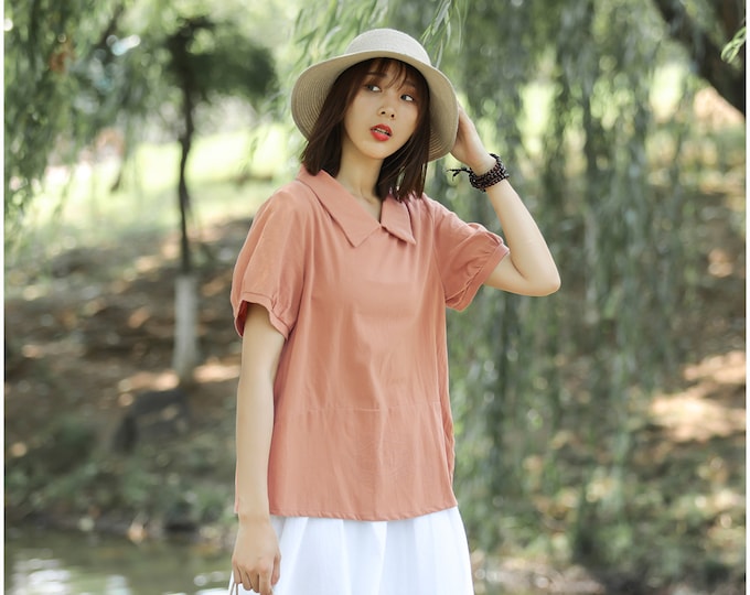 Anysize blouse collar design with puff sleeves linen cotton tops plus size shirt spring summer fall plus size tops plus size clothing T157Q