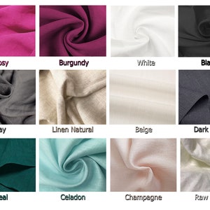 May include: A collection of fabric swatches in various colors, including Rosy, Burgundy, White, Black, Gray, Linen Natural, Beige, Dark Gray, Teal, Celadon, Champagne, and Raw White. Each swatch is labeled with its respective color name.