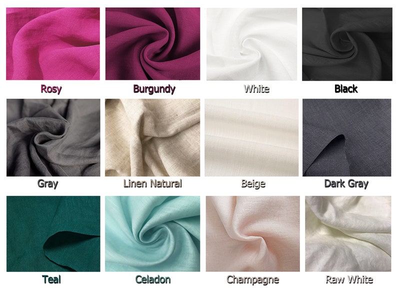 May include: A collection of fabric swatches in various colors, including Rosy, Burgundy, White, Black, Gray, Linen Natural, Beige, Dark Gray, Teal, Celadon, Champagne, and Raw White. Each swatch is labeled with its respective color name.