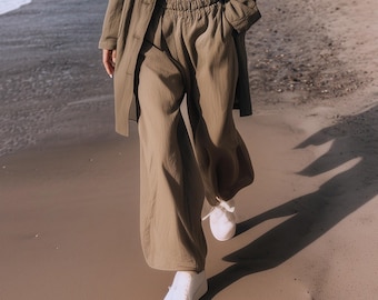 Anysize Custom Pants Linen Cotton With Side Pockets Elastic Waist Plus Size Pants Spring Fall Winter Trousers Plus Size Clothing F44SN