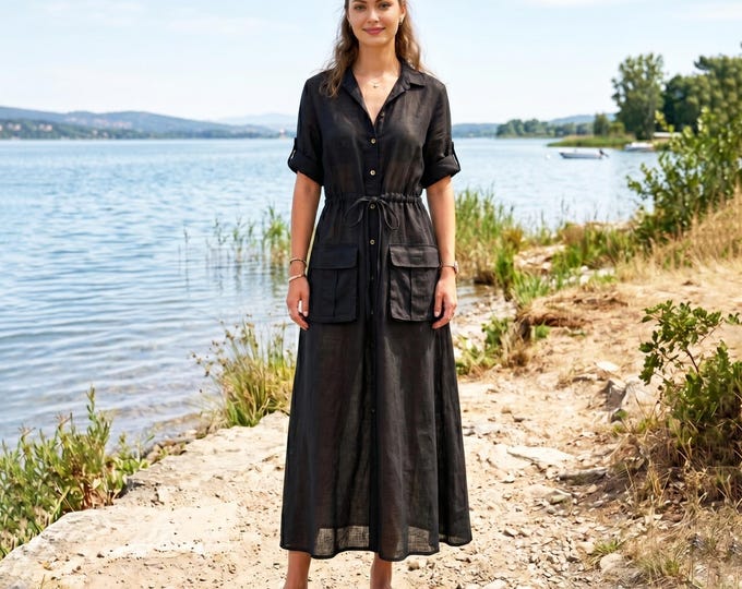 Anysize Custom 100% Linen Dress Women Shirt Dress Drawstring Waist Dress With Roll Tab Sleeve Dress Utility Pocket Plus Size Dress F70WL