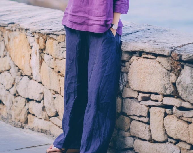 Anysize custom 100% linen elastic waist pants with side pockets loose spring summer plus size pants plus size clothing F41JL