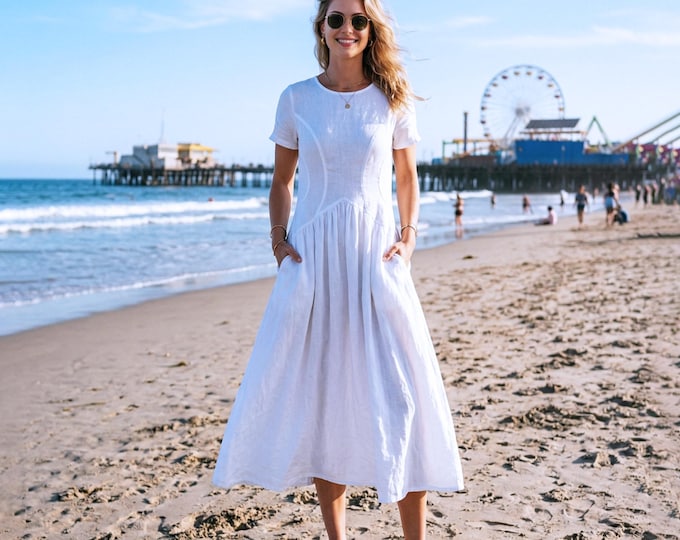 Anysize Custom 100% Linen Fitted Waist Seam Dress Women A-Line Short Sleeve Summer Dress with Pockets Back Zipper Plus Size Dress F61VL