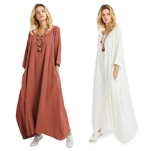 Anysize 3/4 sleeves lantern style side pockets  soft linen cotton 4-season maxi dress plus size dress plus size clothing F174A