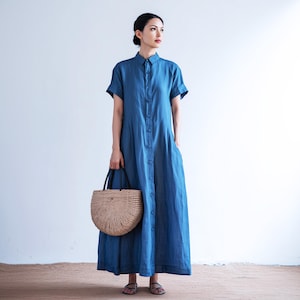 Anysize custom 100% linen shirt dress oose dress with side pockets short sleeves spring summer plus size dress plus size clothing F49YL