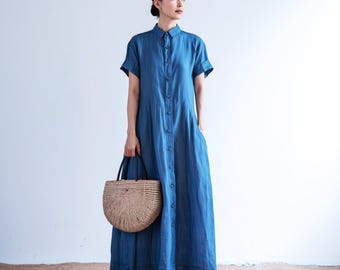Anysize custom 100% linen shirt dress oose dress with side pockets short sleeves spring summer plus size dress plus size clothing F49YL